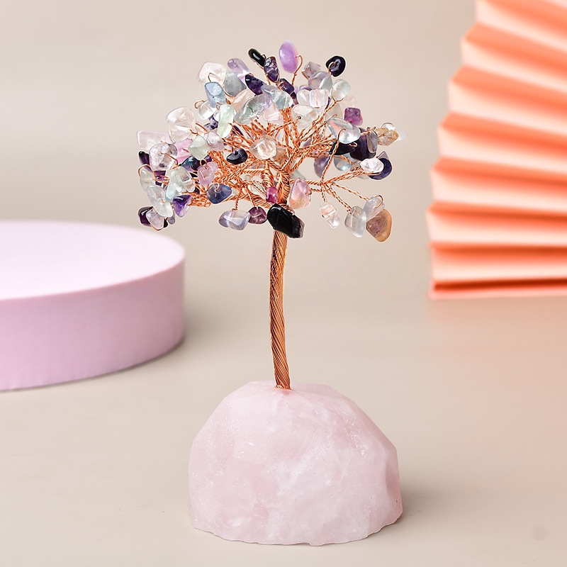 Joie de Vivre – Arbre de Vie avec Base en Quartz Rose - fluorite couleur