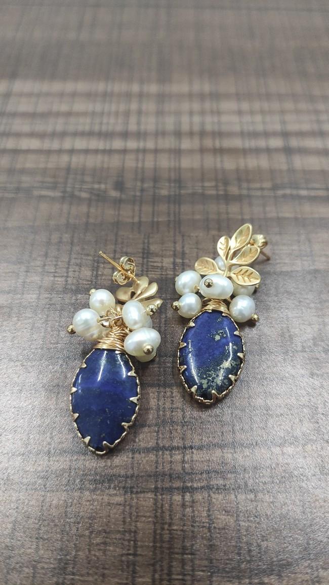Boucles d’Oreilles Lapis Lazuli et Perle – Fleur de Sérénité, Argent Plaqué Or photo review