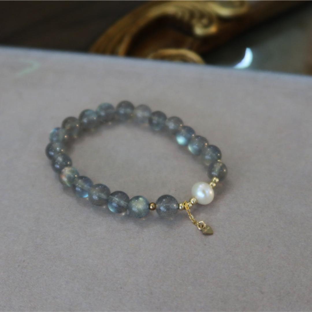 Bracelet Labradorite et Perle – Douceur, Plaqué Or