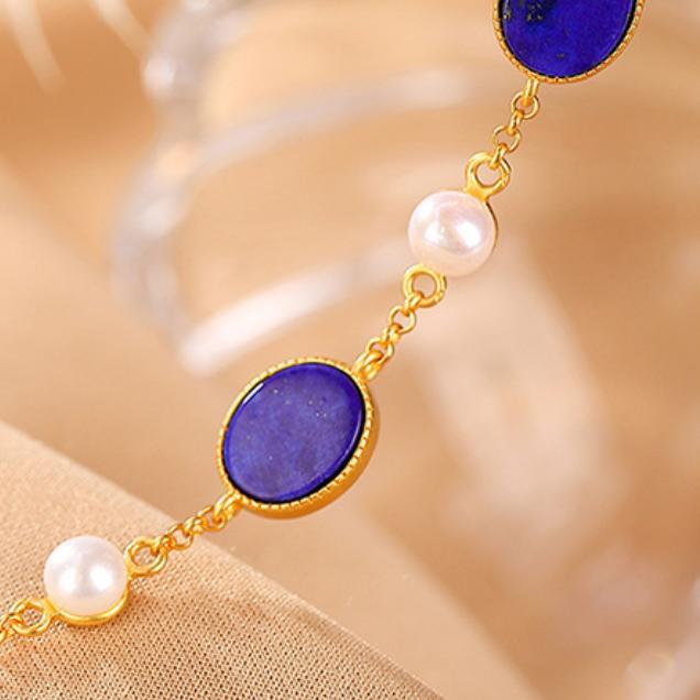 Bracelet Lapis Lazuli et Perle – Sérénité, Argent Plaqué Or