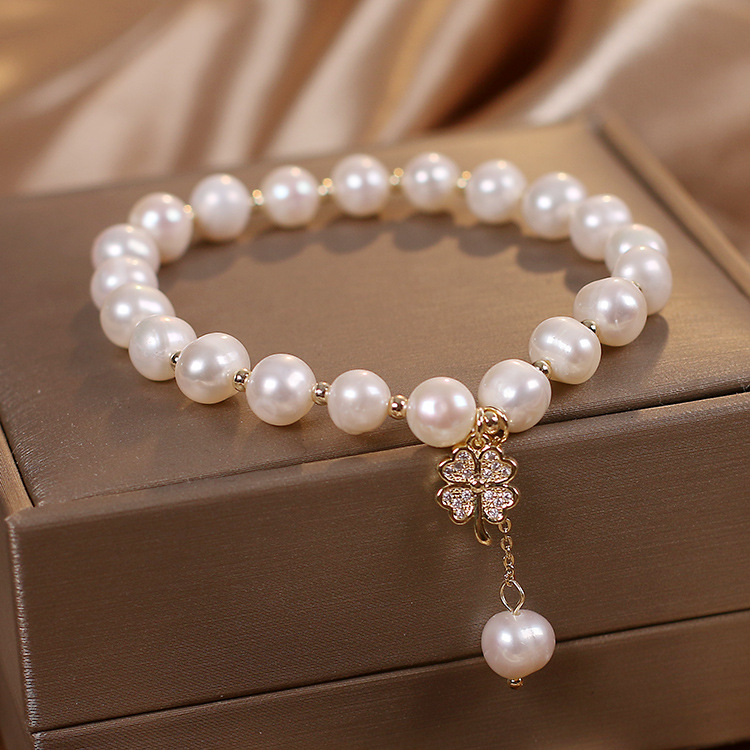 Bracelet Perle d'Eau Douce – Trèfle à Quatre Feuilles