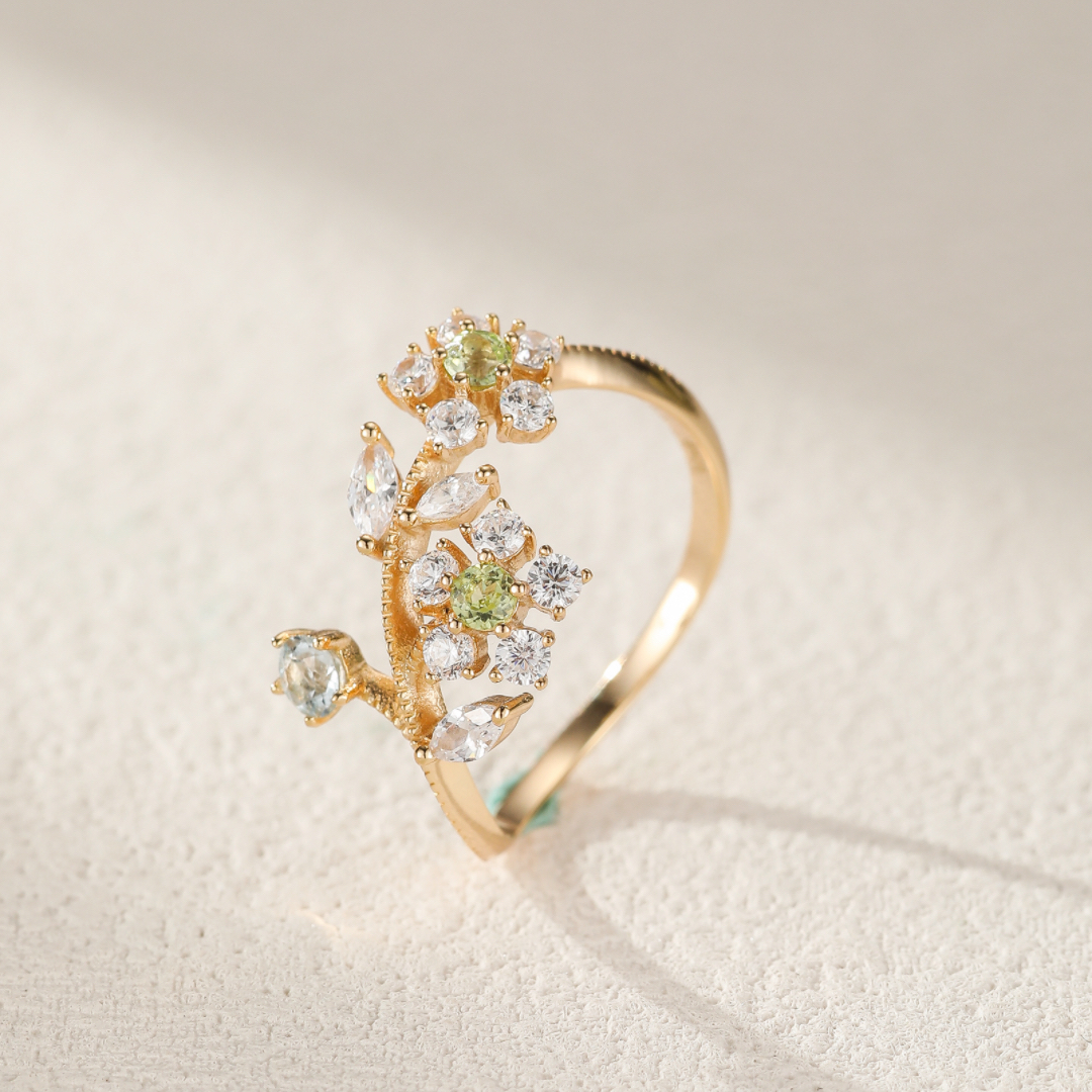 Bague Péridot – Narcisses, Argent Plaqué Or