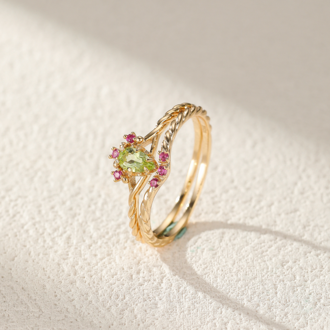 Bague Péridot et Cornaline – Positivité, Argent Plaqué Or