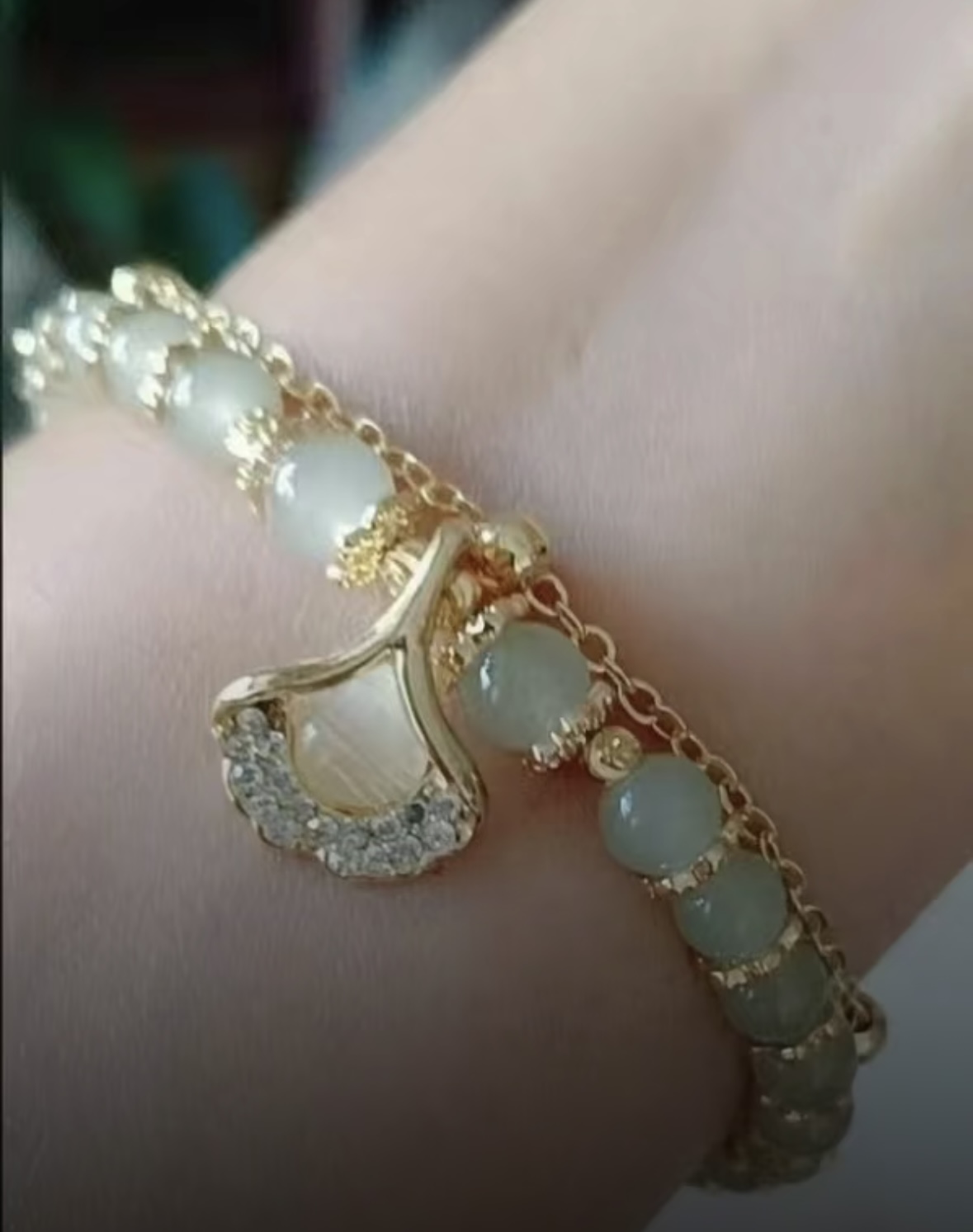 Bracelet Jade – Feuille Ginkgo, Argent Plaqué Or