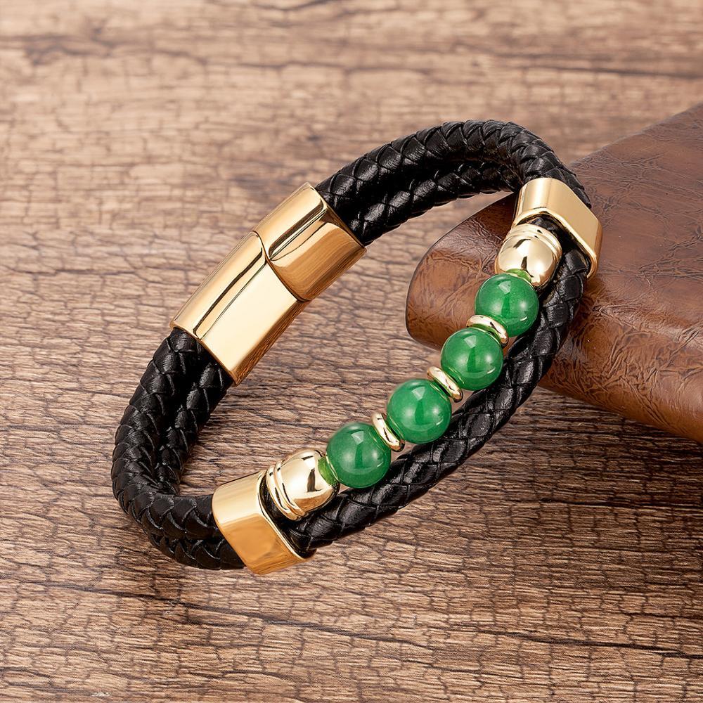 Bracelet Homme en Cuir et Jade – Puissance - Or, 19cm