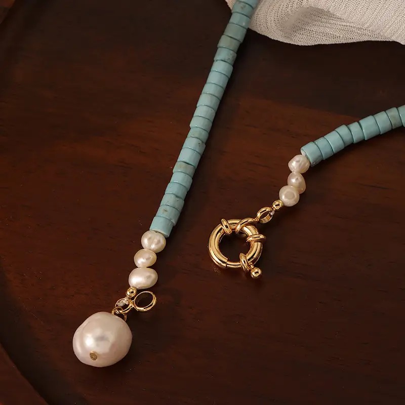 Collier Turquoise et Perle – Beauté d'Océan, Argent Plaqué Or