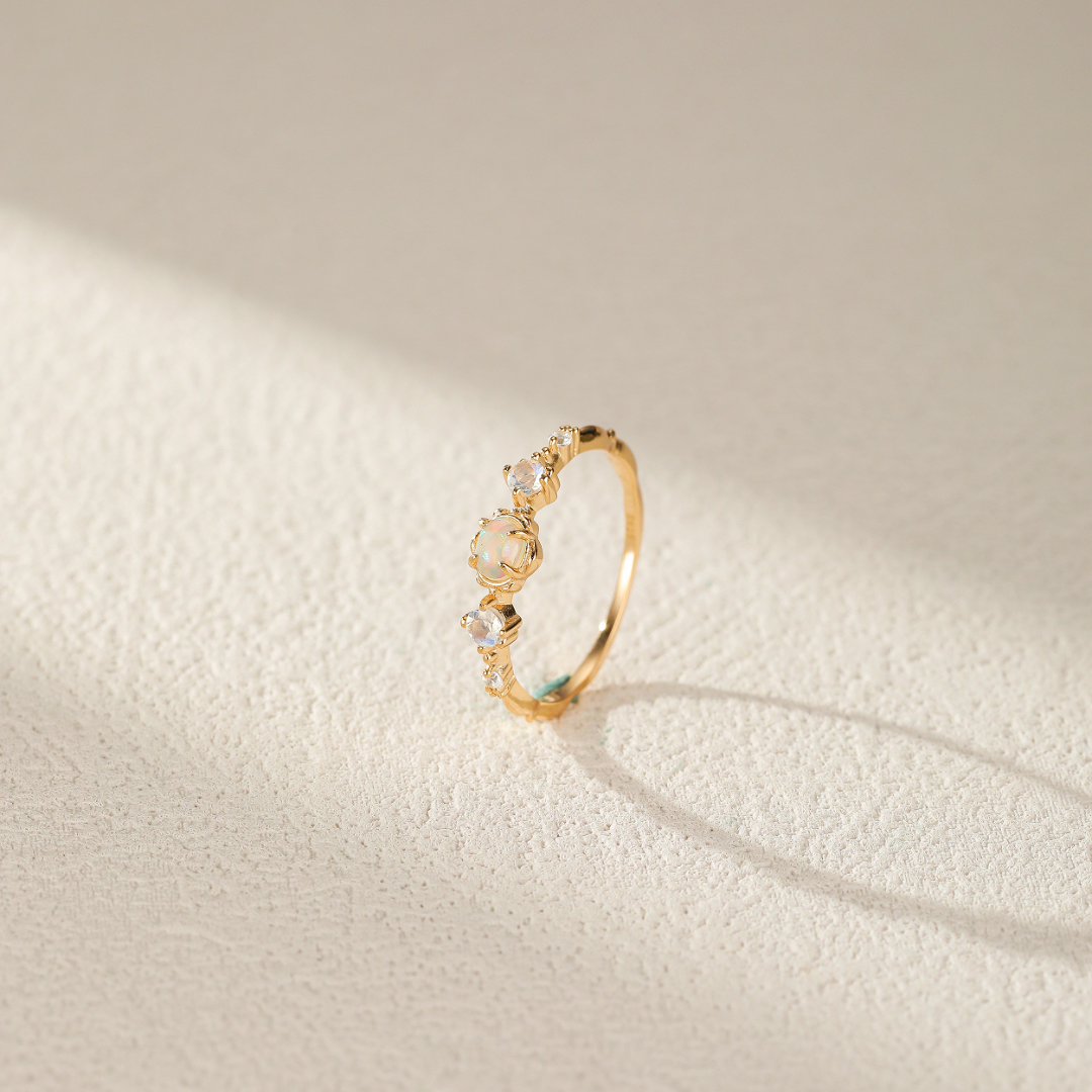Bague Opale et Pierre de Lune – Douce Harmonie, Argent Plaqué Or