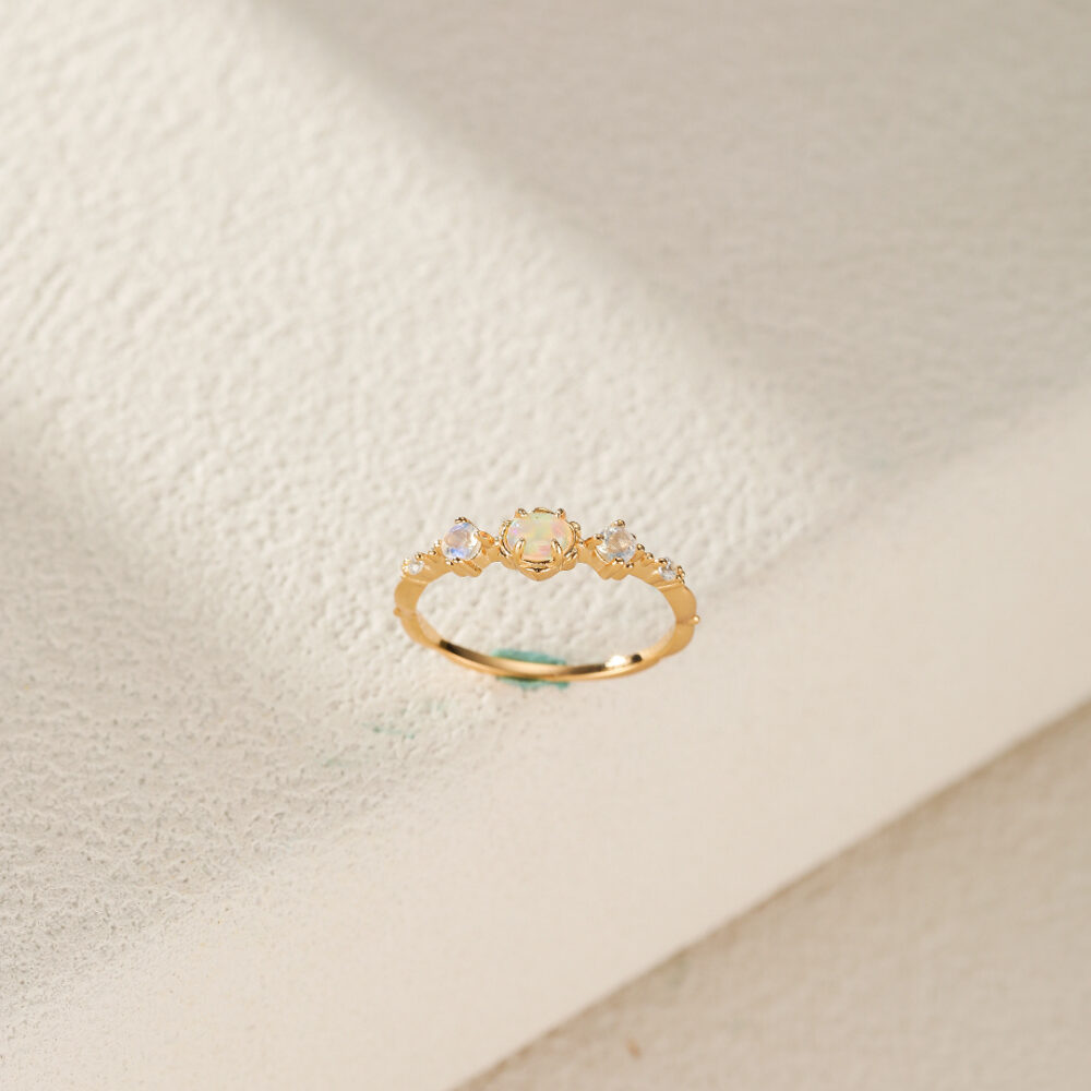 Bague Opale et Pierre de Lune – Douce Harmonie, Argent Plaqué Or