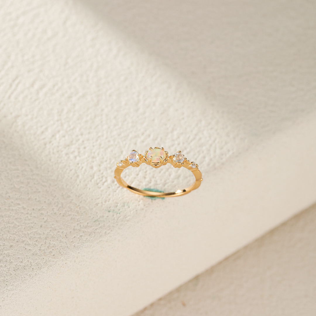 Bague Opale et Pierre de Lune – Douce Harmonie, Argent Plaqué Or