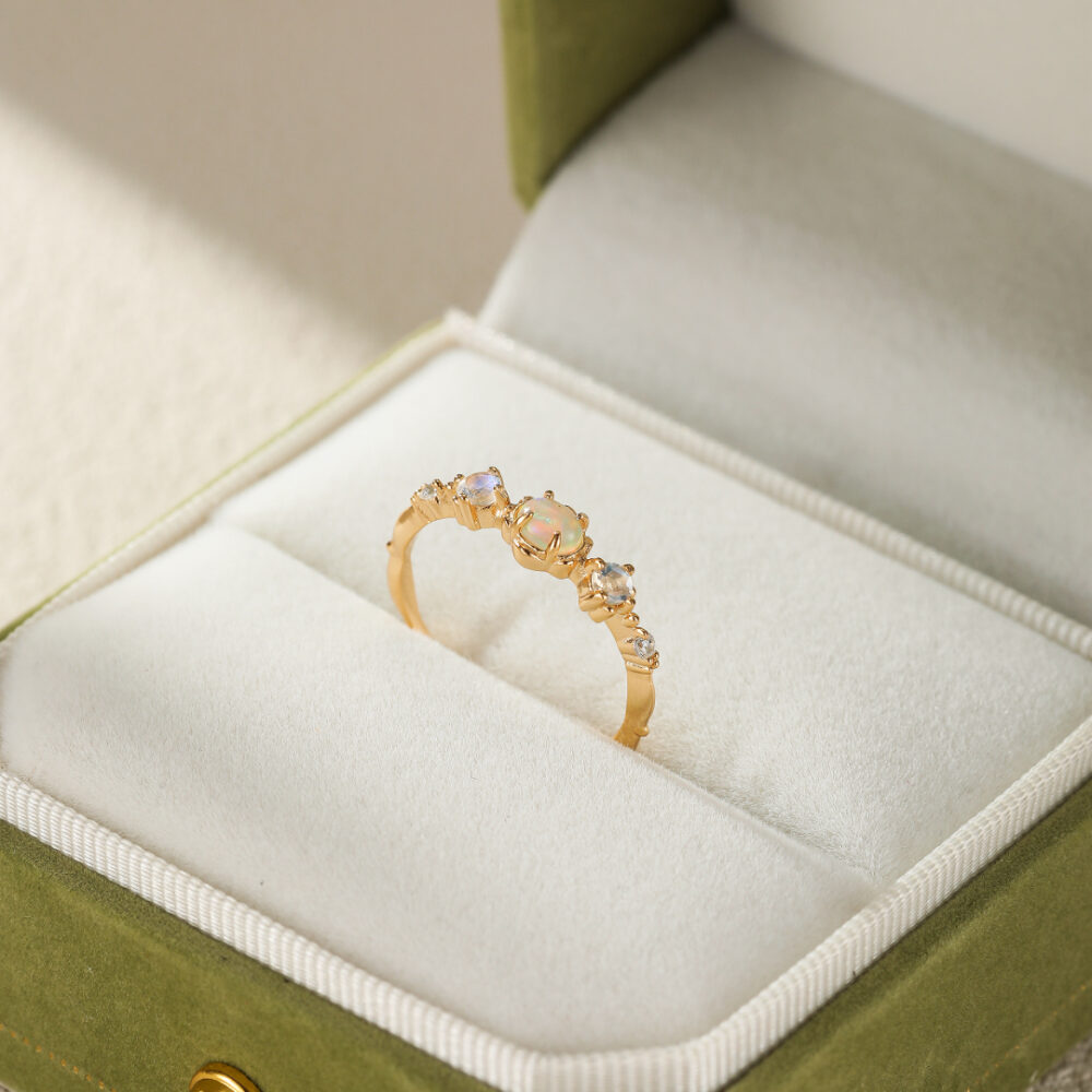 Bague Opale et Pierre de Lune – Douce Harmonie, Argent Plaqué Or