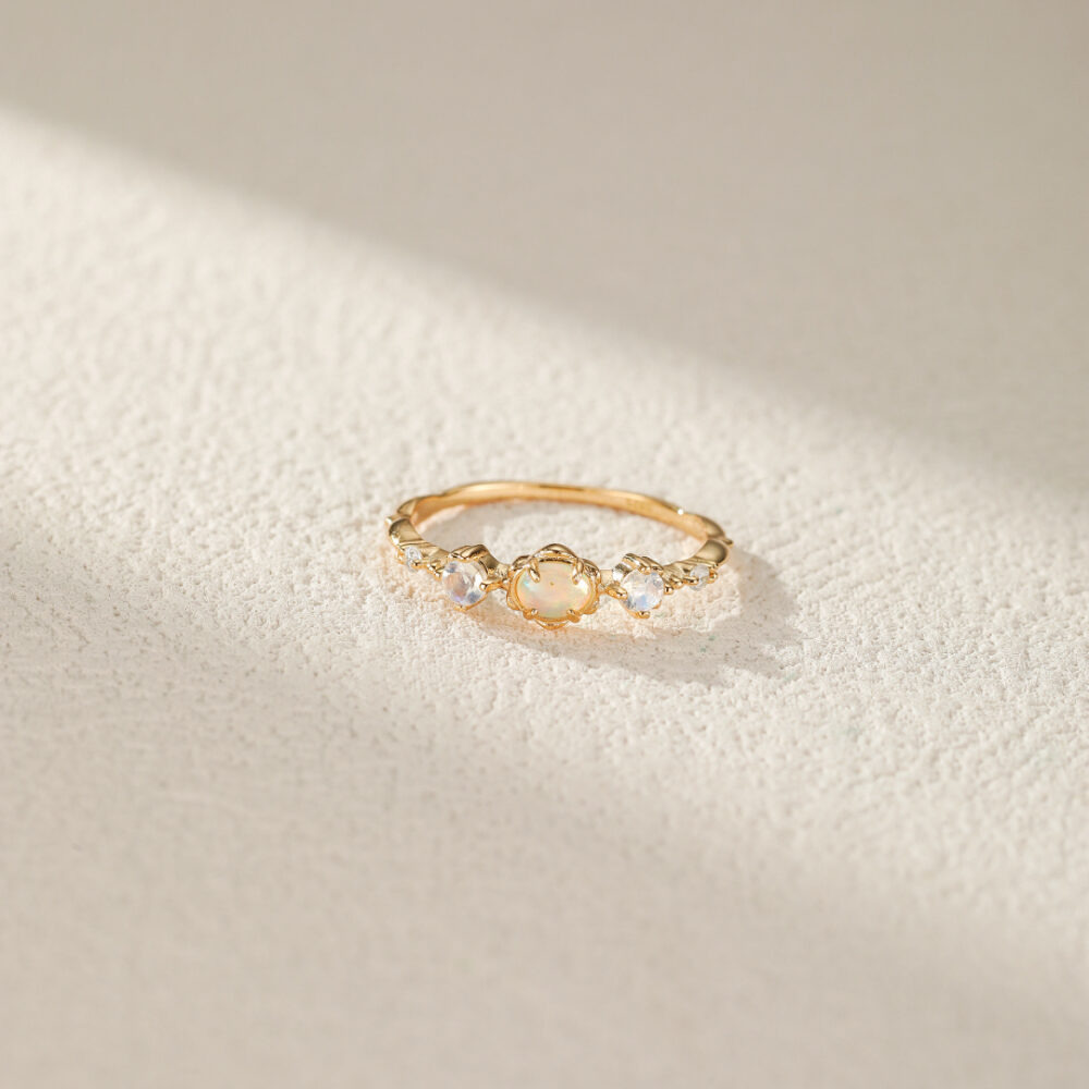 Bague Opale et Pierre de Lune – Douce Harmonie, Argent Plaqué Or