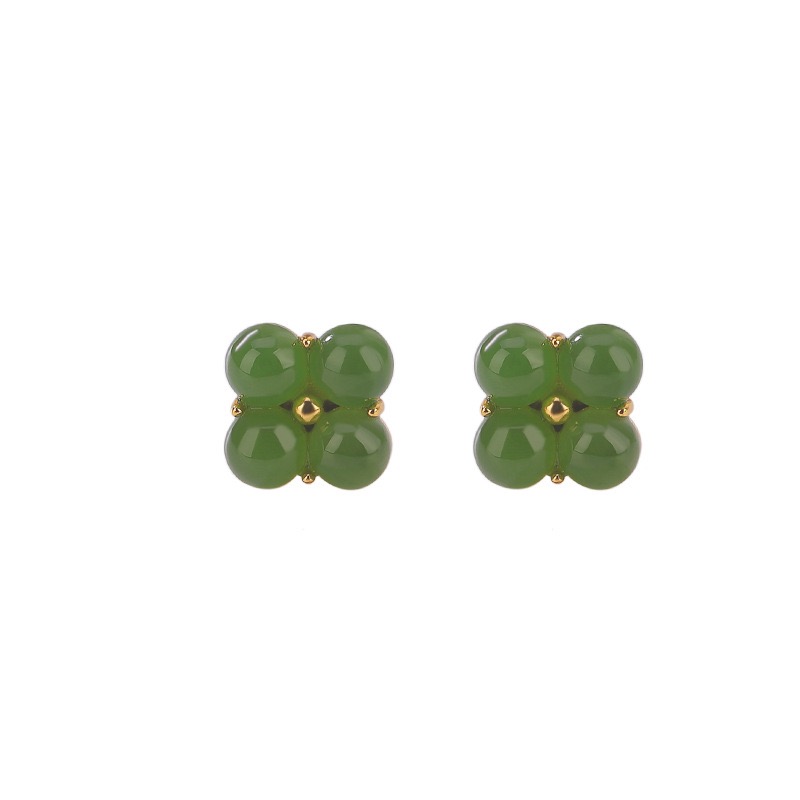 Boucles d'Oreilles Trèfle en Jade – Chance, Argent Plaqué Or
