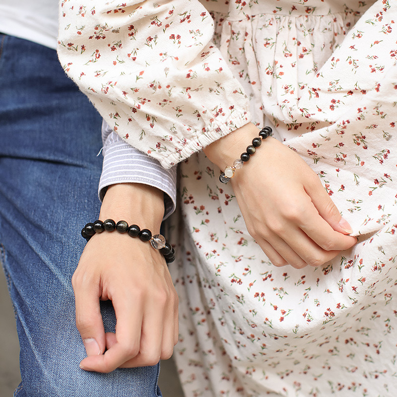 Bracelet Couple en Obsidienne Dorée – Fusion, Argent Plaqué Or