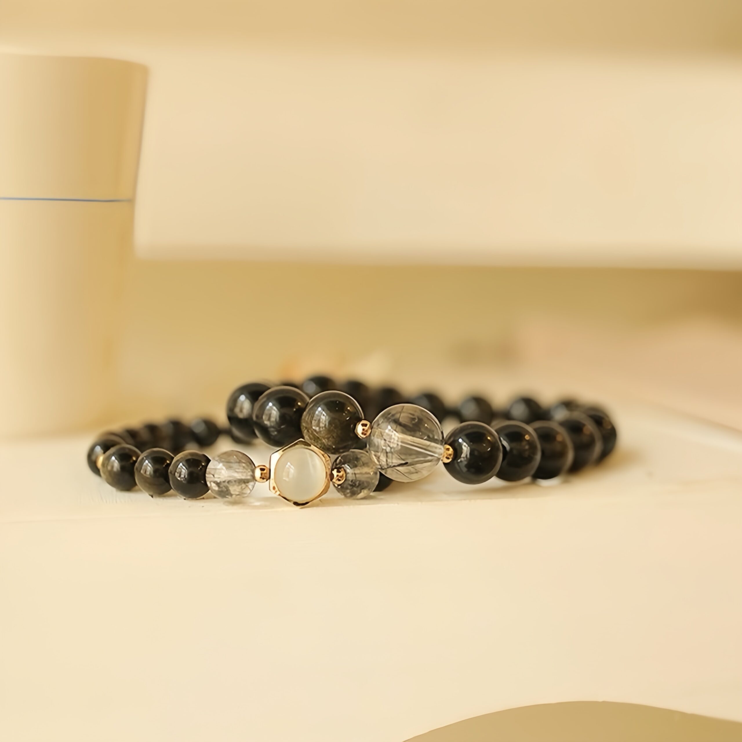 Bracelet Couple en Obsidienne Dorée – Fusion, Argent Plaqué Or