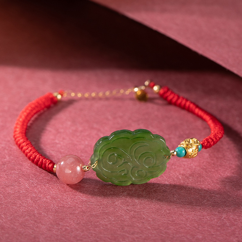 Bracelet Fil Rouge et Jade – Éclat de Vie, Or 18K