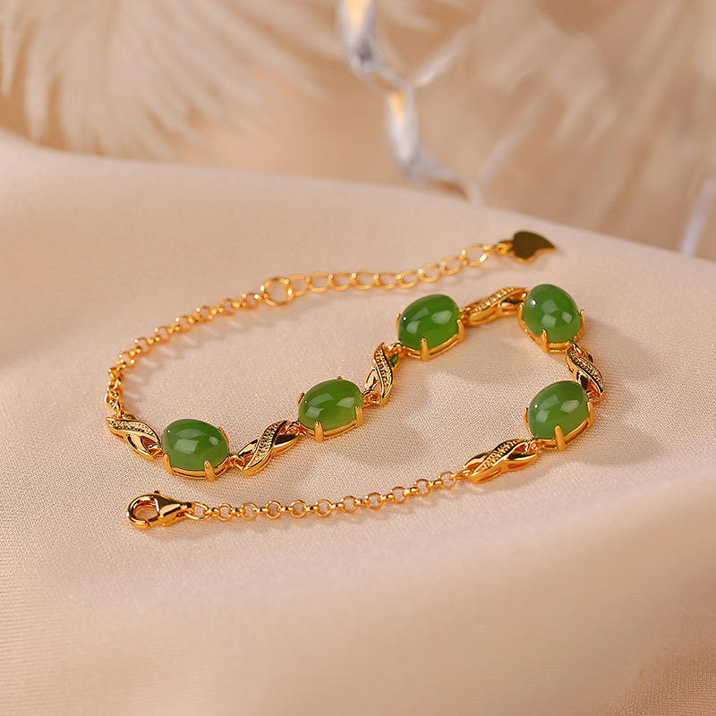 Bracelet Infini en Jade – Majestueux, Argent Plaqué Or