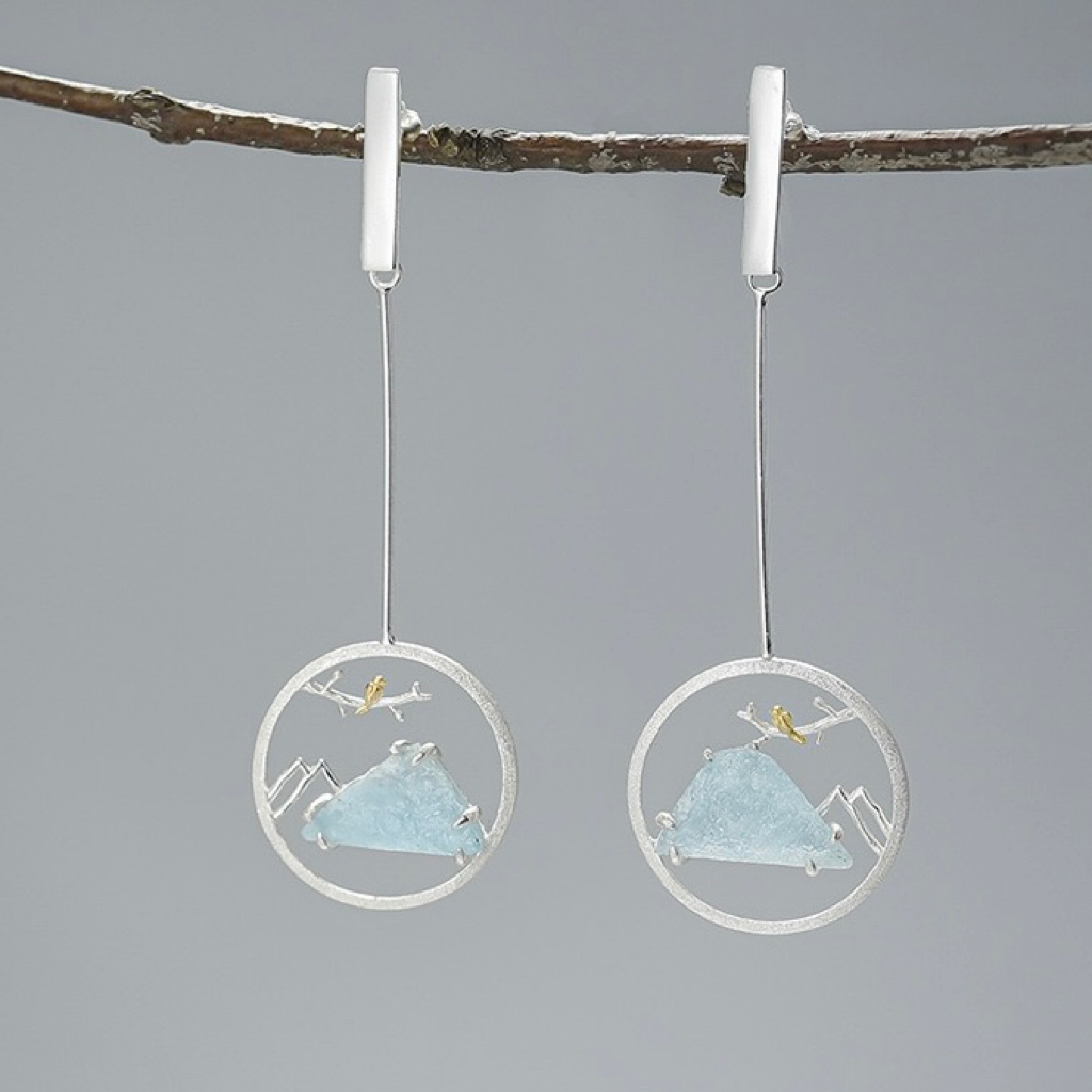 Boucles d'Oreilles Aigue Marine – Petit Oiseau, Argent Plaqué Or