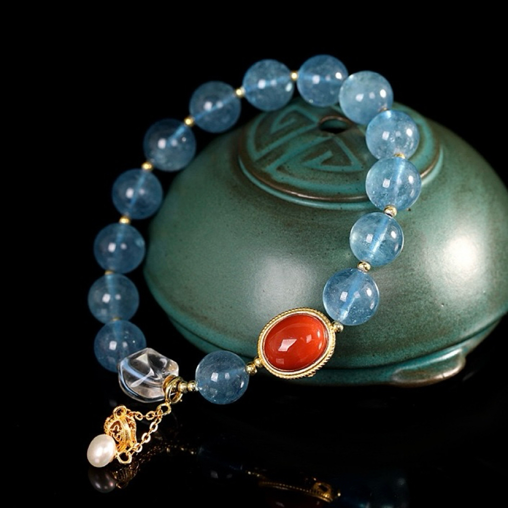 Bracelet Aigue Marine – Perle Florale, Argent Plaqué Or