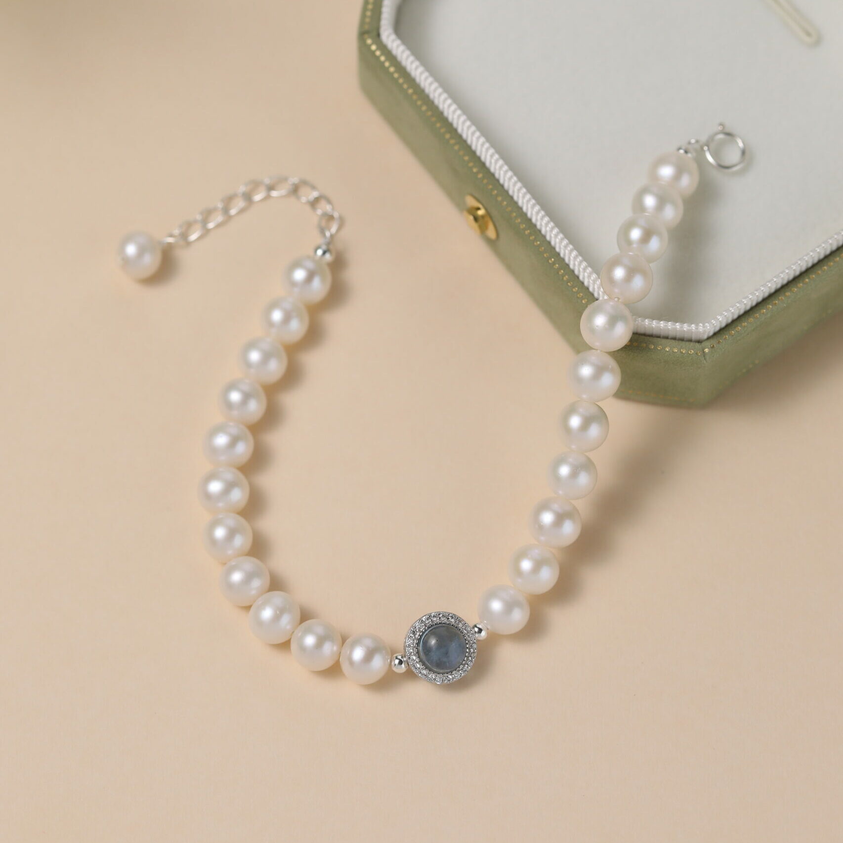 Bracelet Perle et Aigue Marine – Harmonie Océanique, Argent