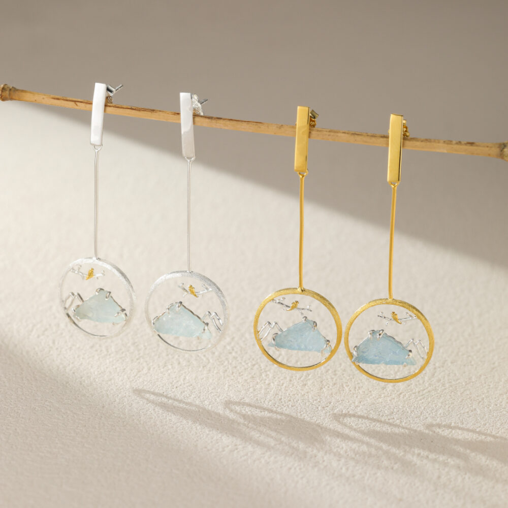 Boucles d'Oreilles Aigue Marine – Petit Oiseau, Argent Plaqué Or