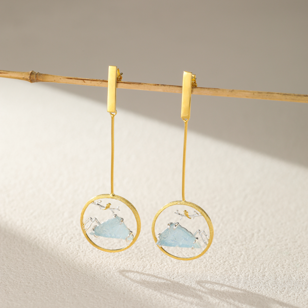 Boucles d'Oreilles Aigue Marine – Petit Oiseau, Argent Plaqué Or