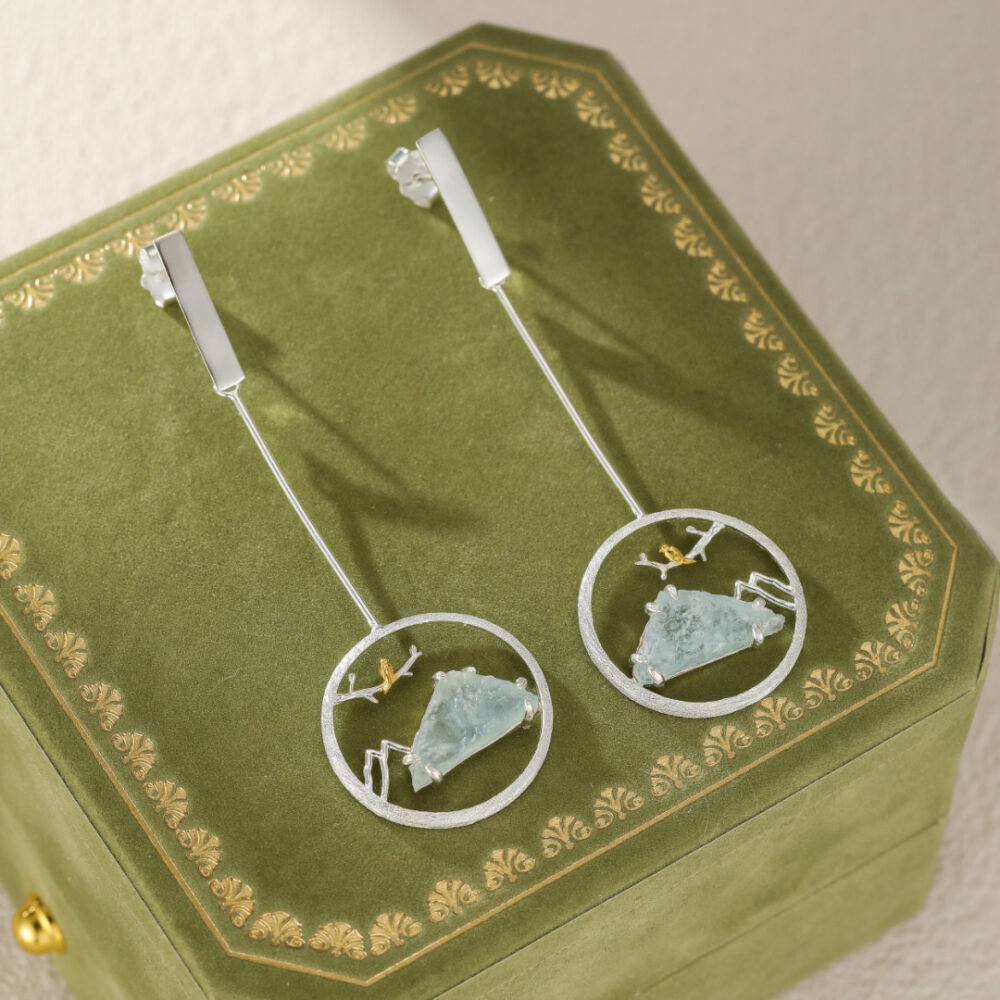 Boucles d'Oreilles Aigue Marine – Petit Oiseau, Argent Plaqué Or