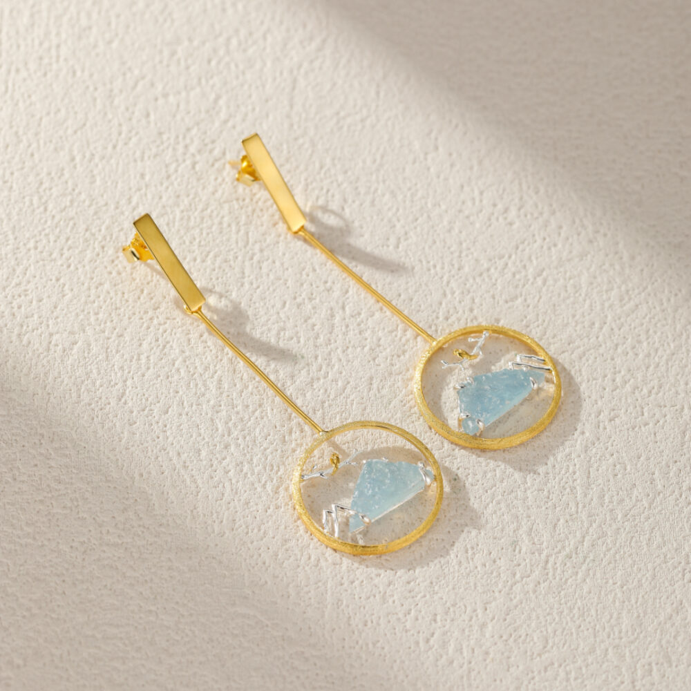 Boucles d'Oreilles Aigue Marine – Petit Oiseau, Argent Plaqué Or