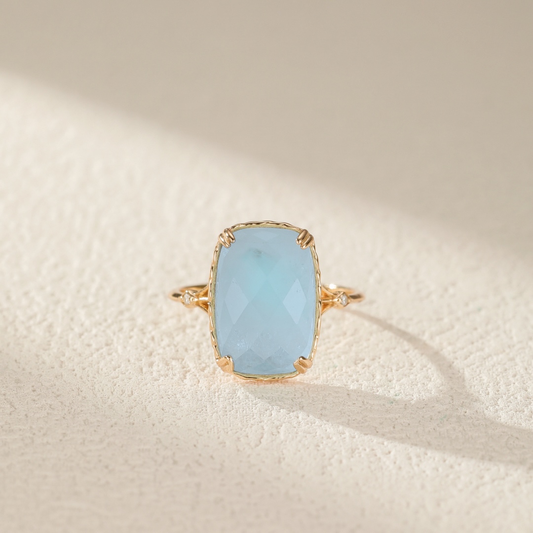 Bague Aigue Marine – Sérénité Océane, Argent Plaqué Or - FR 54
