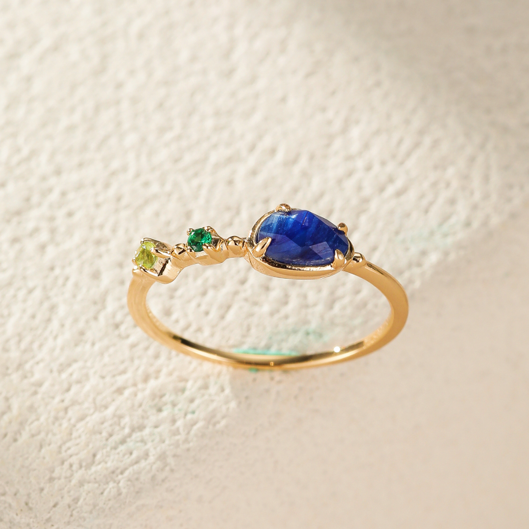 Bague Aigue Marine et Péridot – Douceur Marine, Argent Plaqué Or