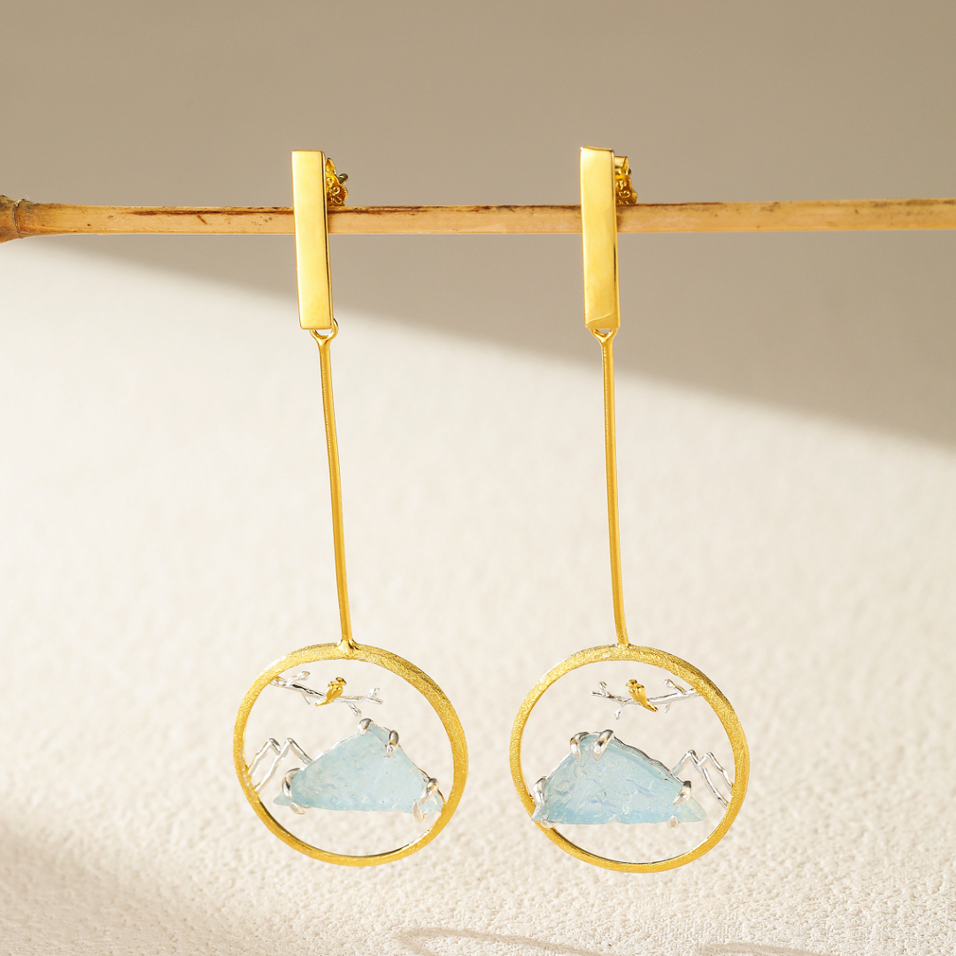 Boucles d'Oreilles Aigue Marine – Petit Oiseau, Argent Plaqué Or