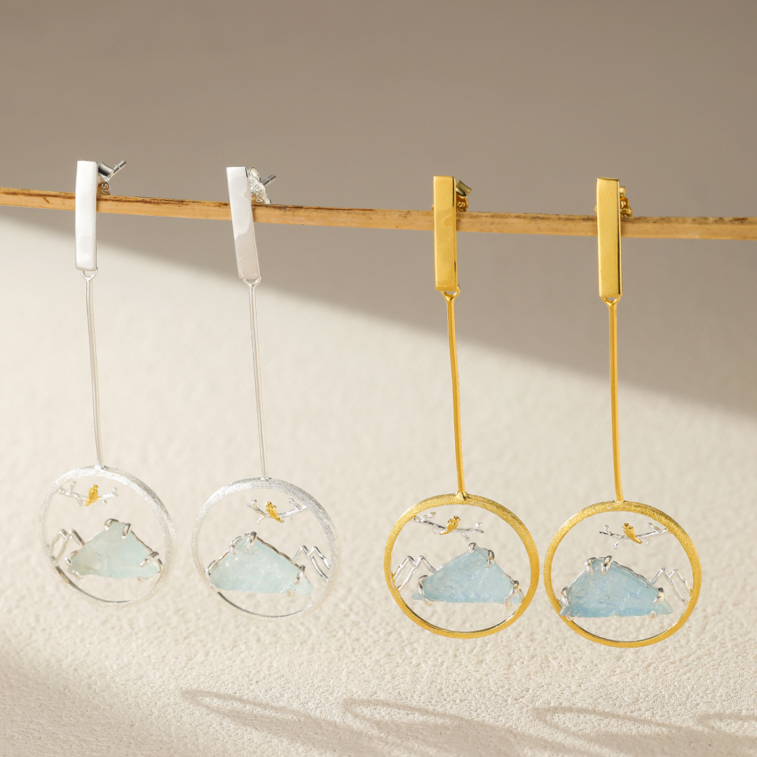 Boucles d'Oreilles Aigue Marine – Petit Oiseau, Argent Plaqué Or