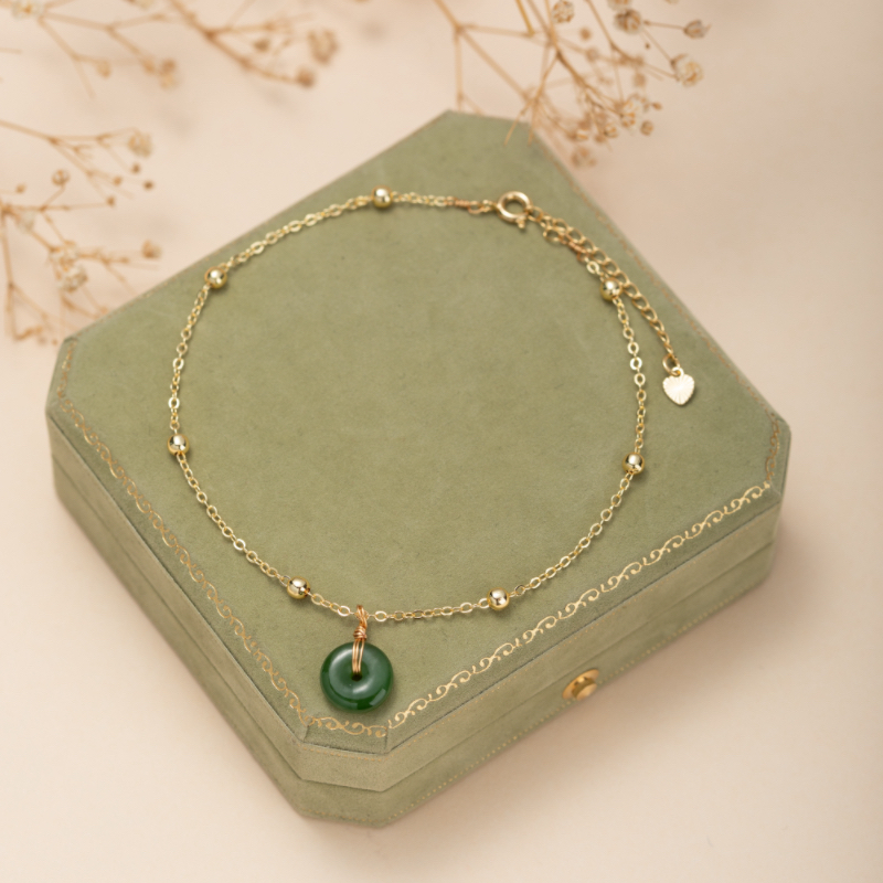 Bracelet de Cheville Jade – Paix Harmonie, Argent Plaqué Or