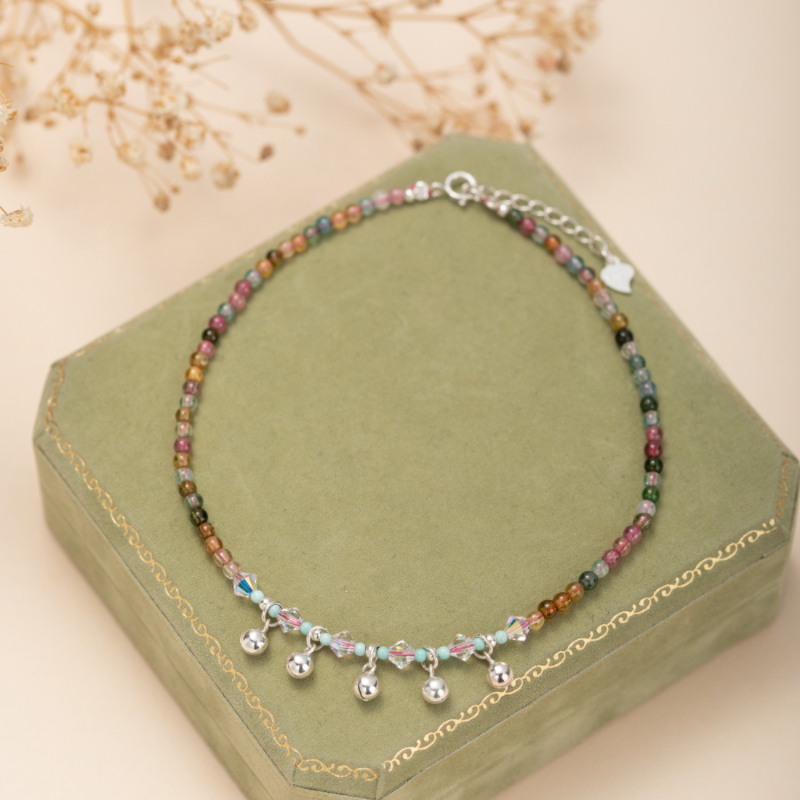 Bracelet de Cheville Tourmaline – Clochettes Colorées Argent
