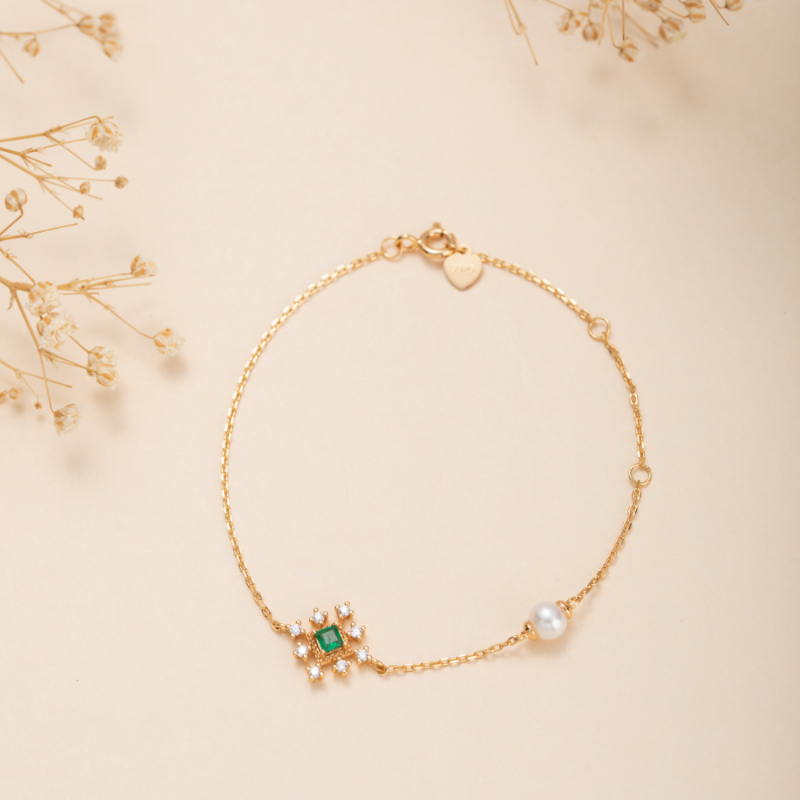 Bracelet Émeraude et Perle – Étoile Divine, Argent Plaqué Or