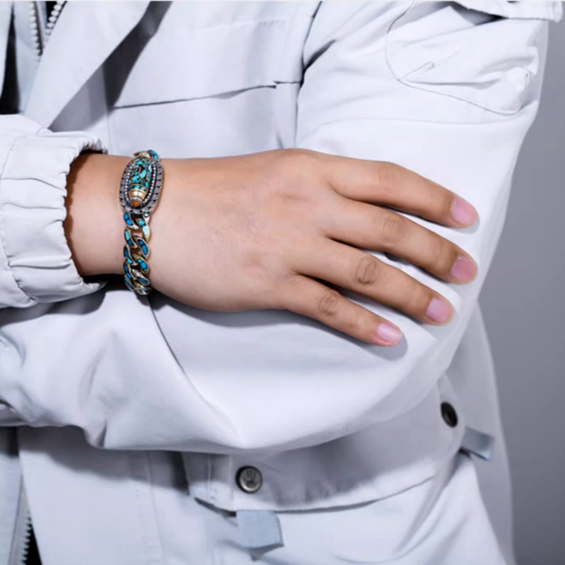 Bracelet Homme Rotatif Six Mantras en Turquoise – Divinité Céleste, Argent