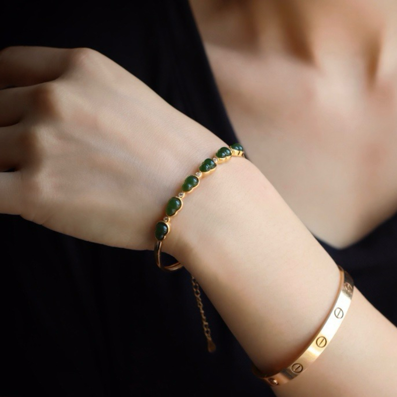 Bracelet Jade – Gourde, Argent Plaqué Or