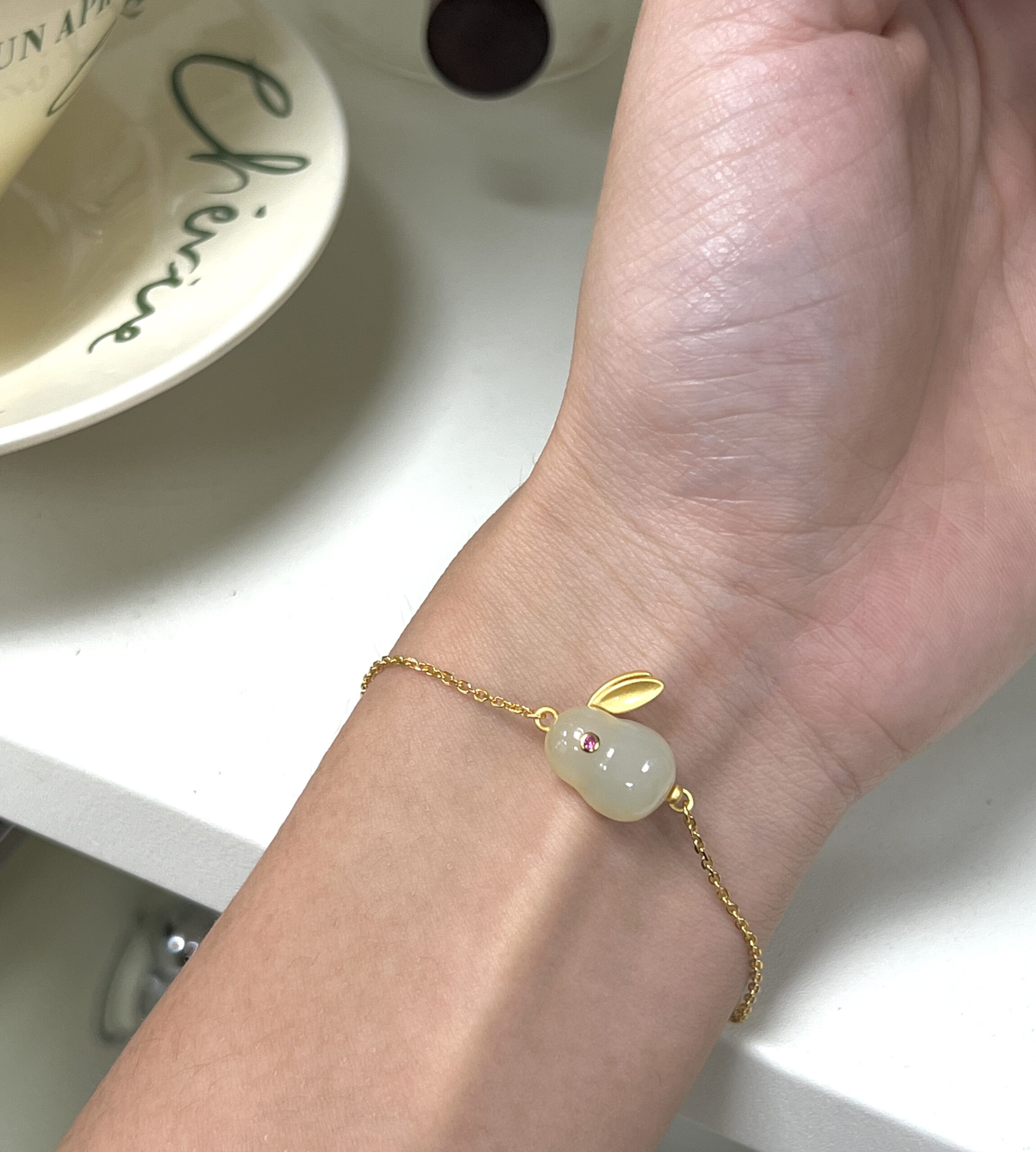 Bracelet Lapin en Jade – Sagesse, Argent Plaqué Or photo review