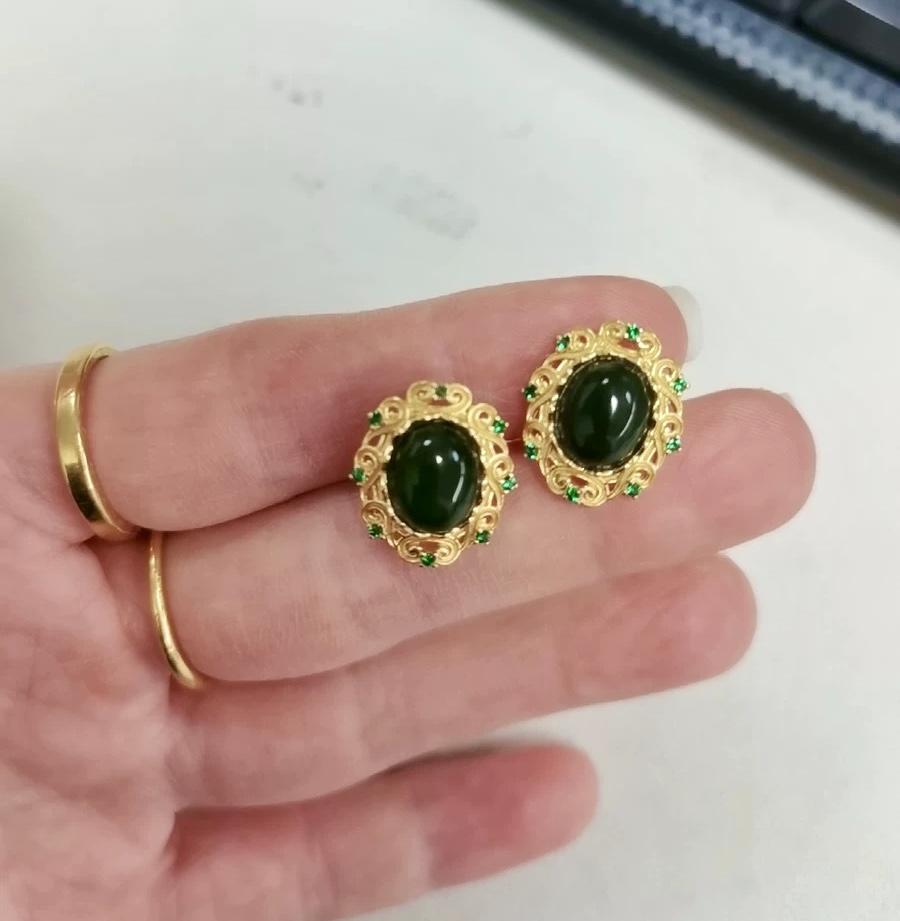Boucles d'Oreilles Jade – Nuage de Félicité, Argent Plaqué Or photo review