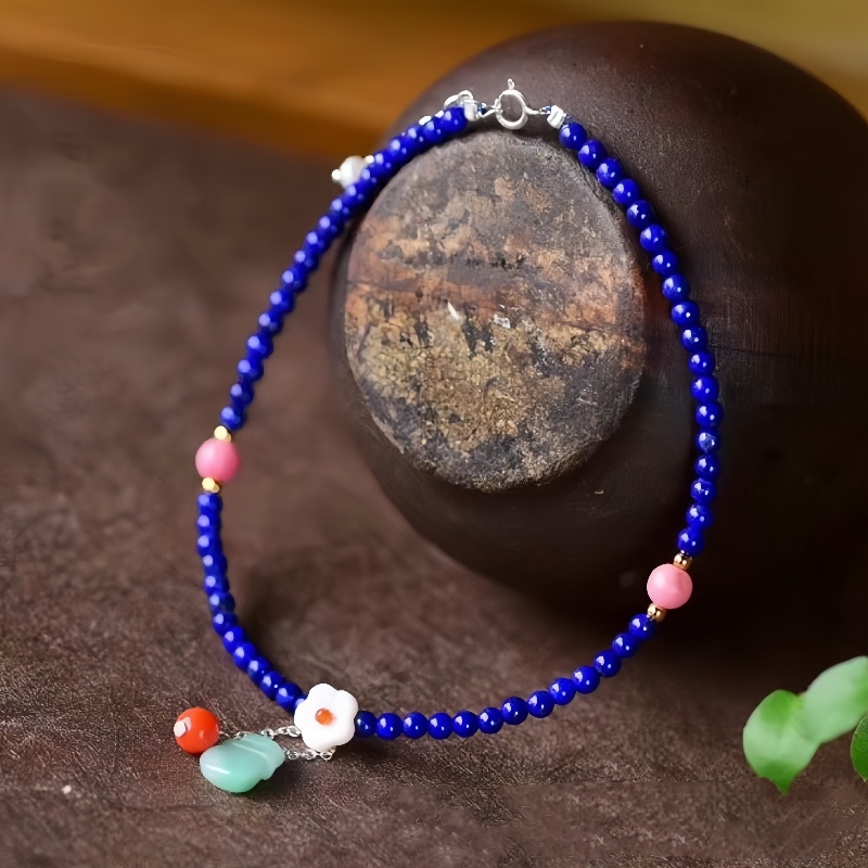 Bracelet de Cheville Lapis Lazuli – Charms Multicolores, Agate et Jade