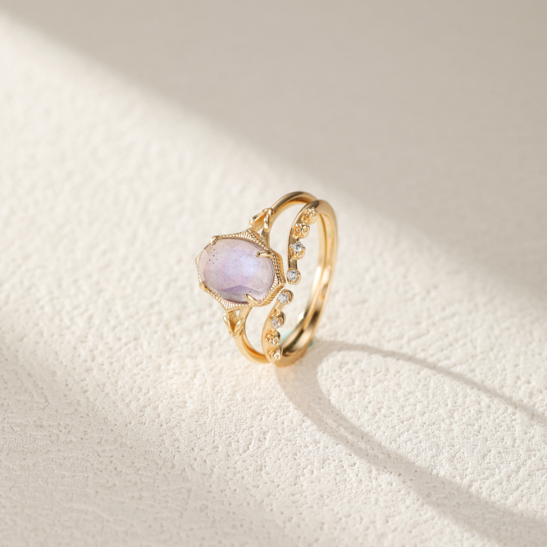 Bague Labradorite et Améthyste – Charme Astral, Argent Plaqué Or