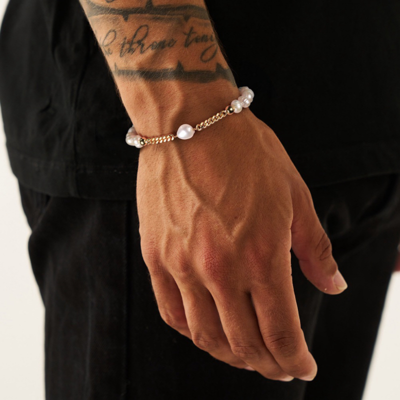 Bracelet Homme Perle d'eau douce – Elegance Masculine, Argent Plaqué Or