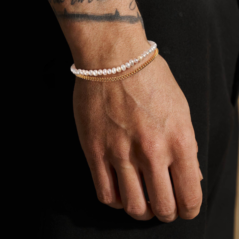Bracelet Homme Perle d'eau douce – Dualité Masculine, Argent Plaqué Or