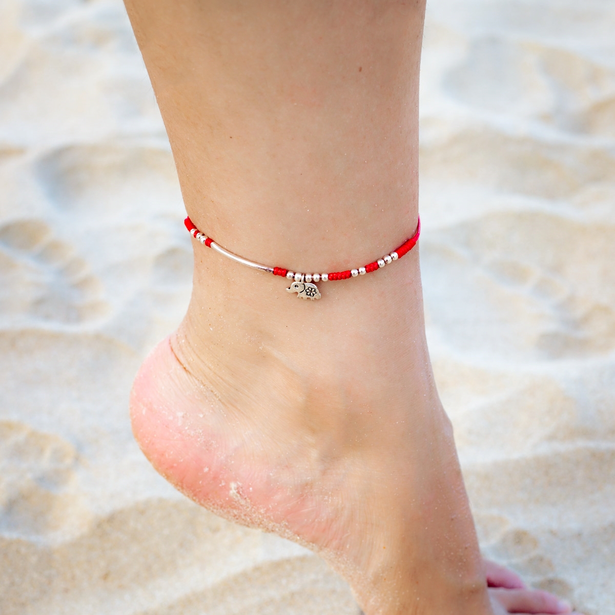 Bracelet de Cheville – Charme Rouge, Argent