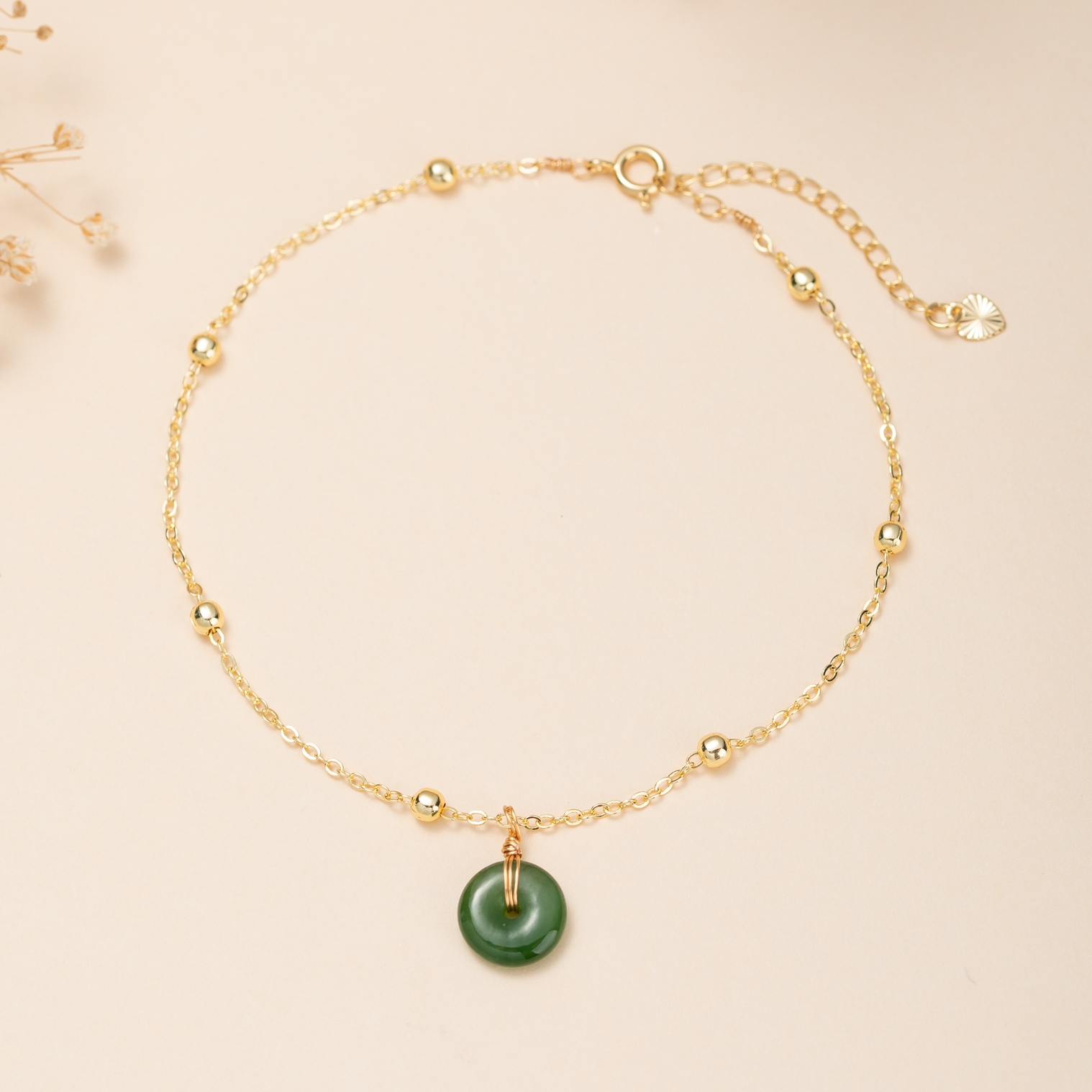 Bracelet de Cheville Jade – Paix et Harmonie, Argent Plaqué Or