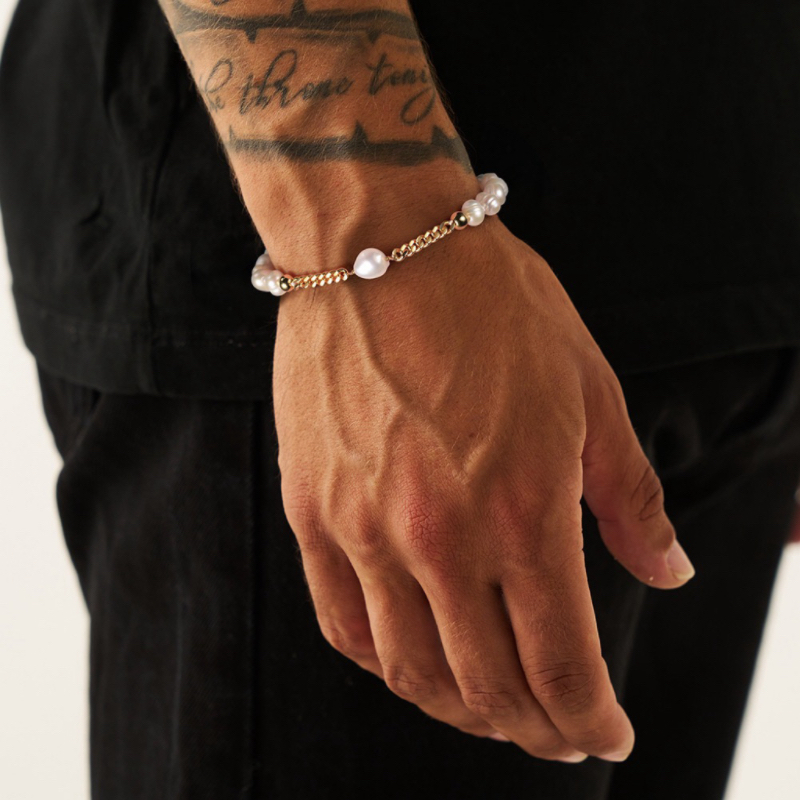 Bracelet Homme Perle – Élégance Masculine, Argent Plaqué Or