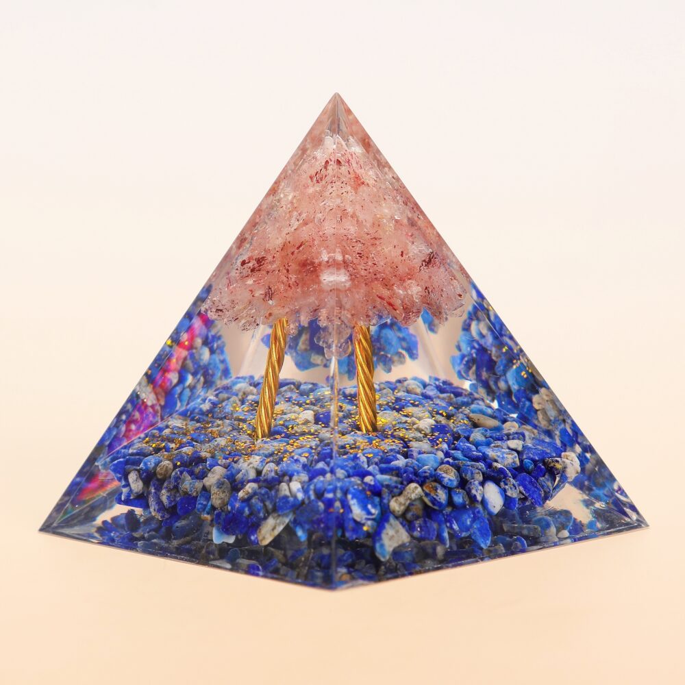 Clarté et Compassion – Pyramide Orgonite Arbre de Vie en Lapis Lazuli et Quartz Rose