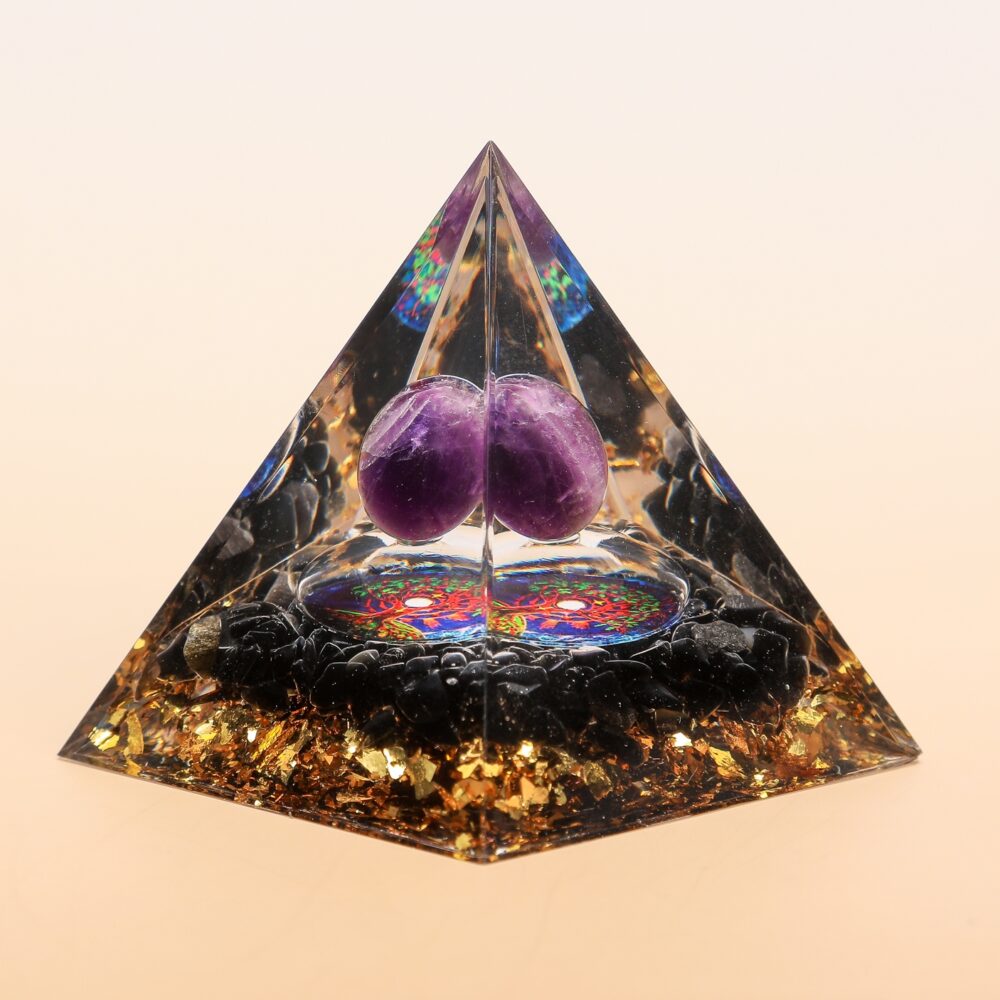 Force Spirituelle – Pyramide Orgonite Arbre de Vie en Obsidienne et Améthyste