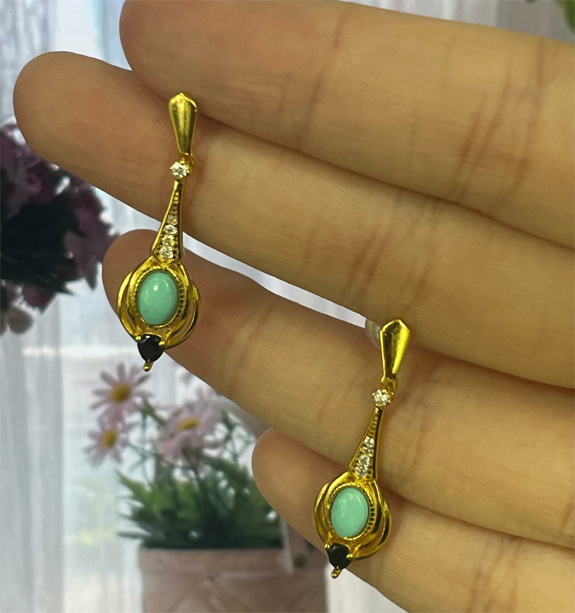 Boucles d'Oreilles Turquoise – Éclat, Argent Plaqué Or photo review