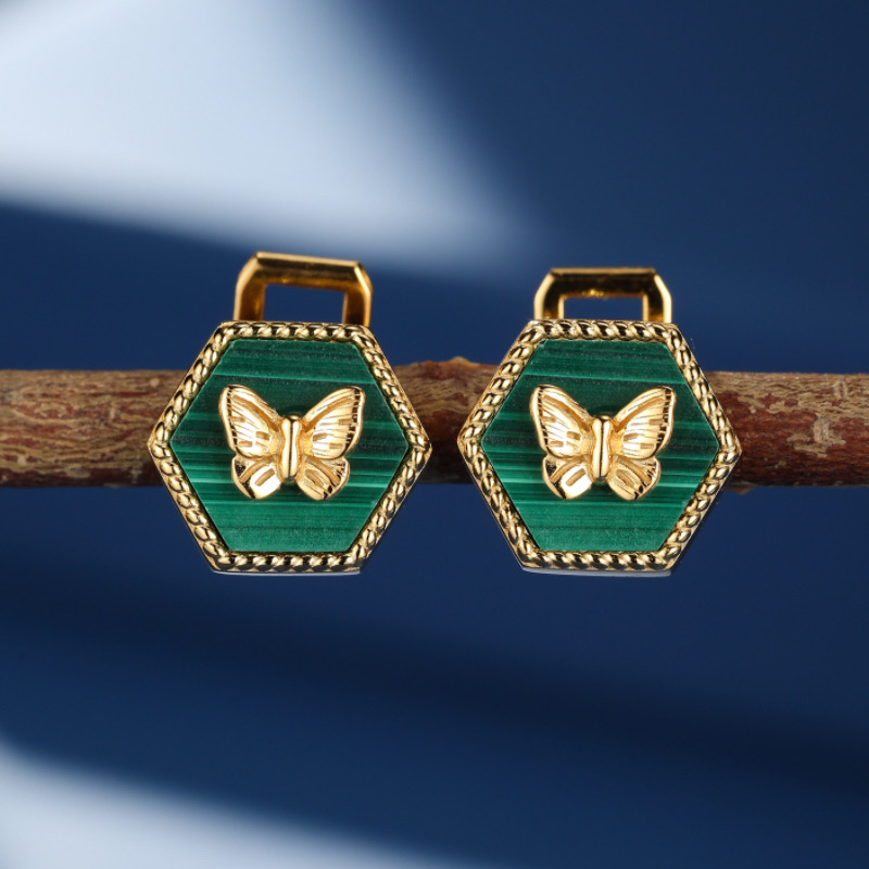 Boucles d'Oreilles Malachite – Élégance Papillon,  Argent Plaqué Or