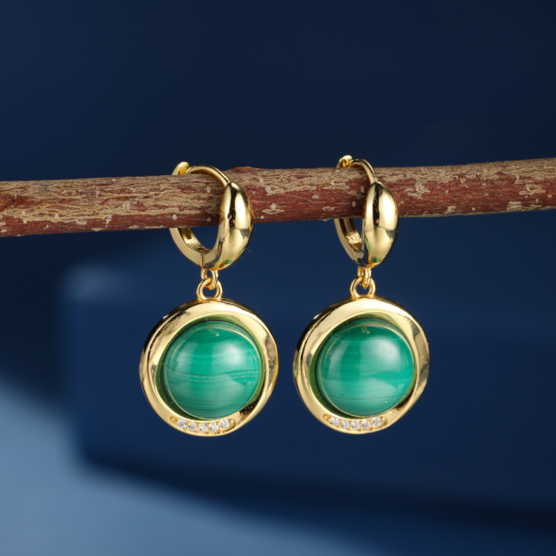 Boucles d'Oreilles Malachite – Harmonie Verte, Argent Plaqué Or